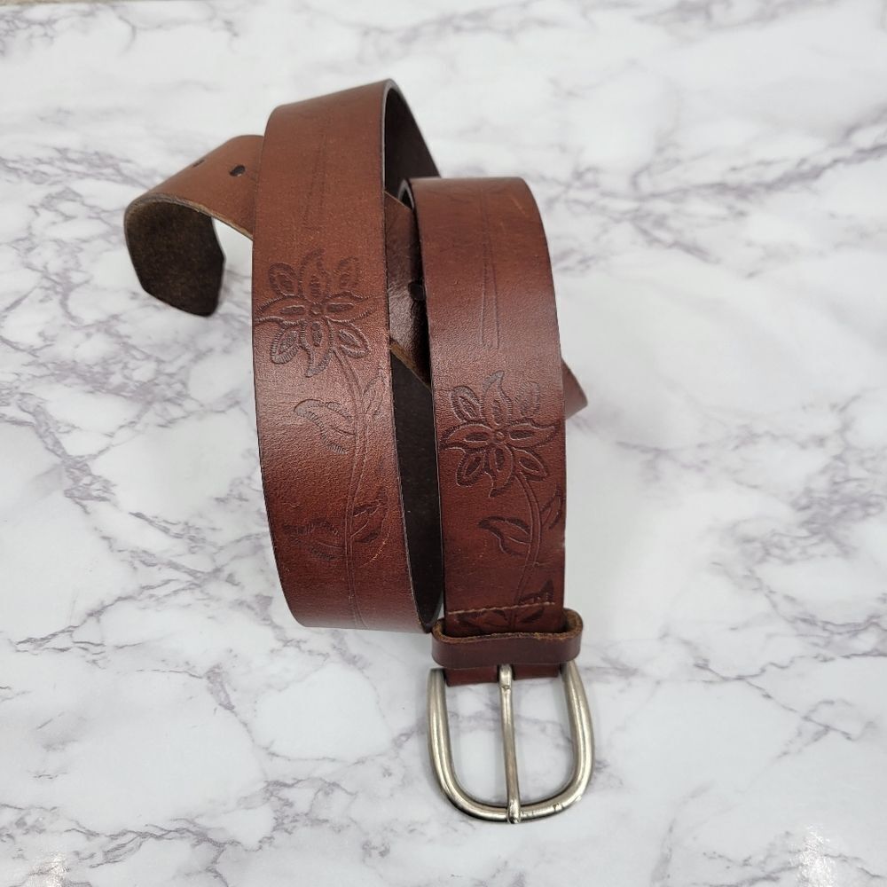 Brown Floral Embossed Leather Belt Women's XL